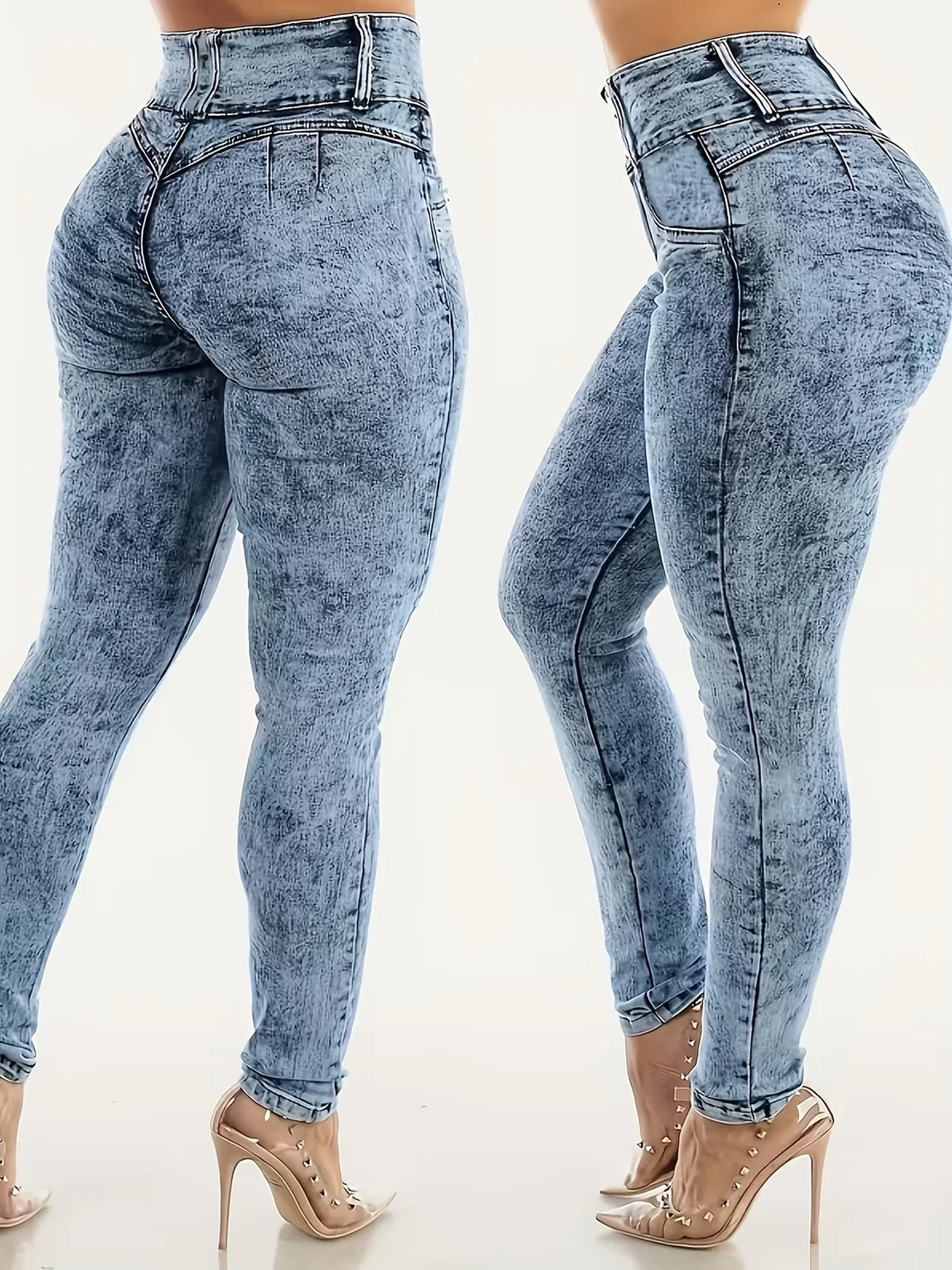 Looks Like Jeans. Feels Like Leggings. Ultra-Stretchy Printed Skinny Pants with Stylish Faux Pocket & Button Details.