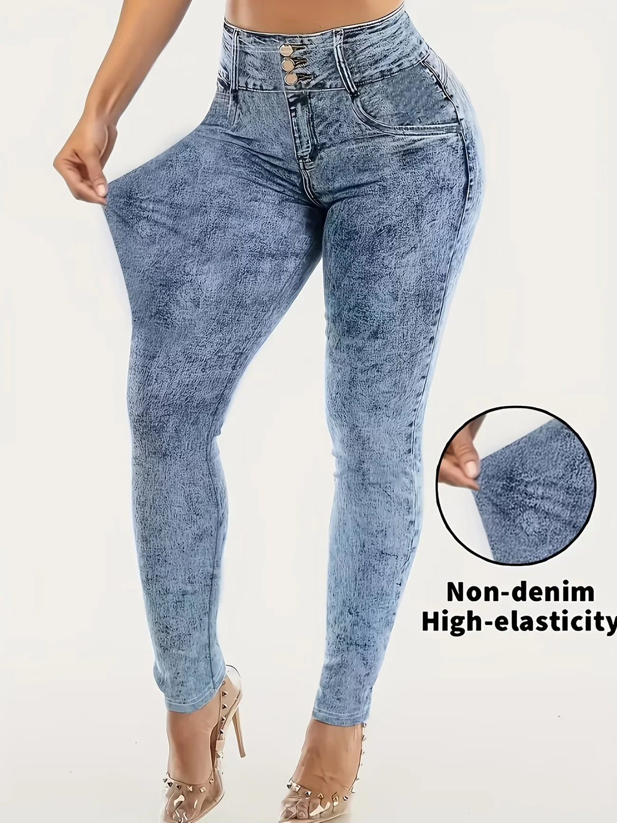 Looks Like Jeans. Feels Like Leggings. Ultra-Stretchy Printed Skinny Pants with Stylish Faux Pocket & Button Details.